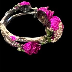 Pink enamel Rose with crystals silver hinged bracelet